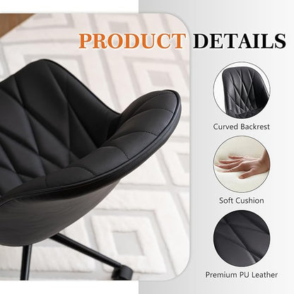 Rowill Modern Office Chair - Ergonomic Swivel Leather Desk Chair with Curved Backrest, Height Adjustable Rolling with Wheels, Perfect for Study Room & Office, Black