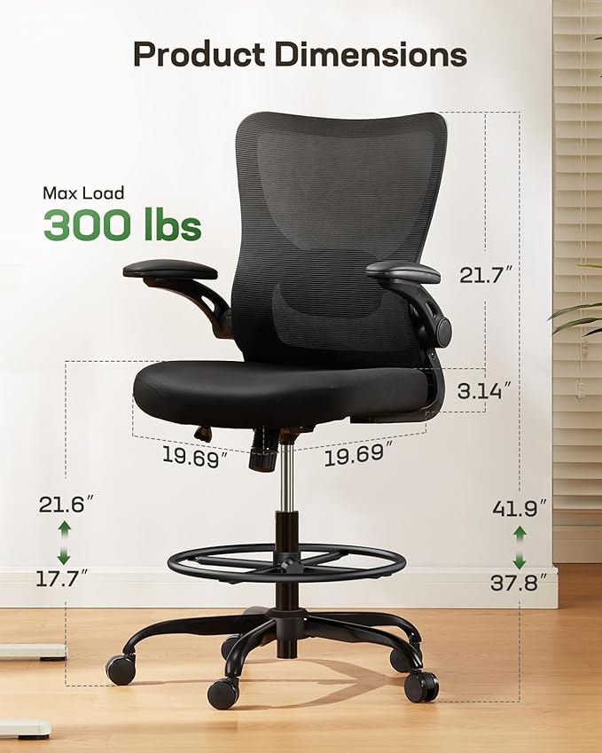 Marsail Drafting Chair, Tall Office Chair with 2D Lumbar Support, Standing Desk Chair with Padded Flip-Up Armrests & Adjustable Footrest Ring, Black