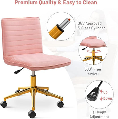 Furniliving Armless Vanity Chair with Wheels, Computer Rolling Desk Chair with Back, Pink Office Chair with Height Adjustable Soft Velvet Fabic Gold Metal Base Stool,Pink
