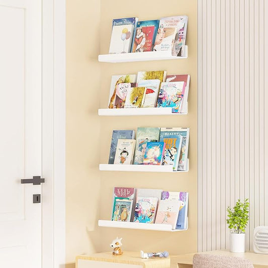 upsimples Acrylic Shelves for Wall Decor, 15" Display Shelf Perfume Organizer for Bathroom, Bedroom, Living Room, Floating Bookshelves for Kids, White, 4 Pack