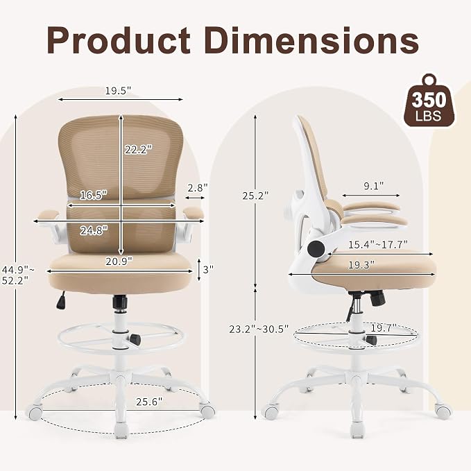Karl home Ergonomic Drafting Chair, Khaki | Lumbar Support, Flip-Up Armrests, Adjustable Height Footrest Ring, Breathable Mesh, Tall Swivel