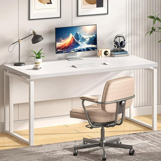 EXCEFUR White Computer Desk, Simple Wood and Metal Home Office Desk, Modern Study Writing Table Workstations for Living Room Bedroom, 53 Inch