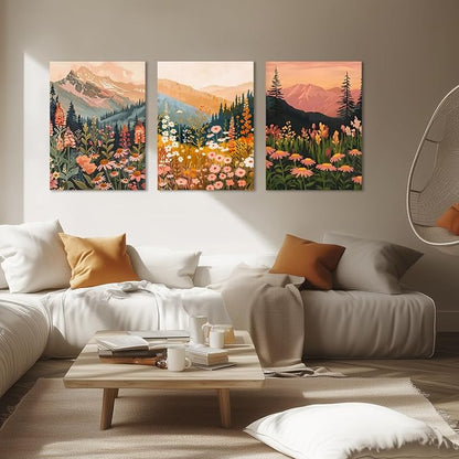 Boho Colorful Watercolor Mountain Canvas Wall Art Set of 3, Wildflower Posters Wall Decor, Abstract Nature Landscape Artwork Paintings Picture Print for Living Room Bedroom Office 12x16 Inch Framed