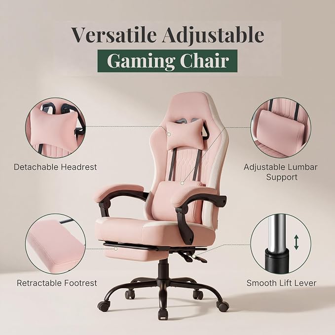 Computer Gaming Chair - High Back Ergonomic Desk Chair with Footrest and Lumbar Support, Height Adjustable Task Chair with Linkage Armrests and Headrest, 360° Swivel Wheels, Pink