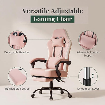 Computer Gaming Chair - High Back Ergonomic Desk Chair with Footrest and Lumbar Support, Height Adjustable Task Chair with Linkage Armrests and Headrest, 360° Swivel Wheels, Pink