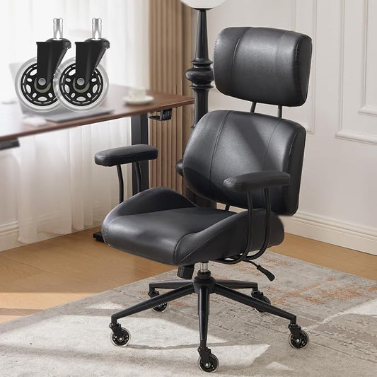 E-Motie Ergonomic Leather Office Chair, Computer Desk Chair, Black | Adjustable Headrest, 360° Swivel & Rolling Wheels, Lumbar Support, Padded Arms, High Back, for Long Hours Sitting