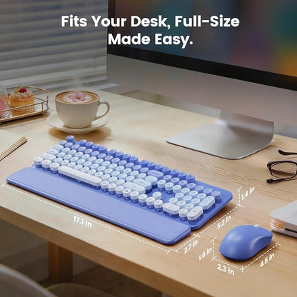 Wireless Keyboard and Mouse Combo, Magnetic Soft-Touch Wrist Rest, Round Keycaps, Full-Size Retro Typewriter Style Keyboard, 2-Stage Tilt Legs, Auto Sleep, 2.4GHz Cordless for Windows PC, Purple Ombre
