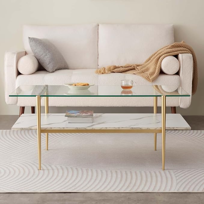 LumFurn Rectangle Coffee Table for Living Room, Mid-Century Modern Design, L41 x W21 x H17, 2-Tier Structure, Clear Glass Top and White Marble Finish Wood Shelf, Conical Legs with Gold Finish
