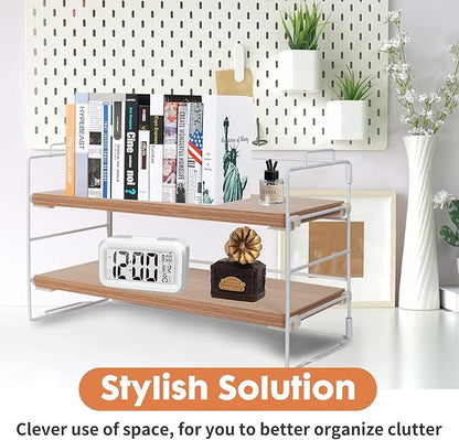 ShellKingdom Display Shelf for Figures, 2 Tier Desk Shelf Organizer, Desktop Shelves, Adjustable Bookshelf Storage Rack and Office Cubicle Decor for Tabletop, Office, Dorm (White Frame + Wood Board)