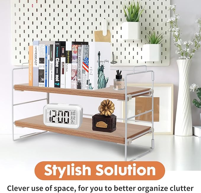 PowerKing Desk Shelf Organizer, 2-Tier Desktop Shelves with Wood Board, Adjustable Bookshelf Storage Rack for Home Office School Study Room (White Frame + Original Wood)