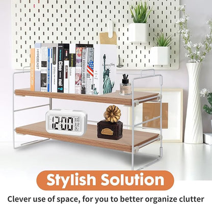 PowerKing Desk Shelf Organizer, 2-Tier Desktop Shelves with Wood Board, Adjustable Bookshelf Storage Rack for Home Office School Study Room (White Frame + Original Wood)