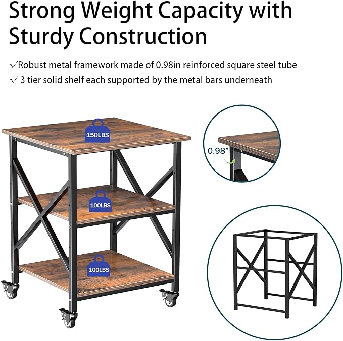 Printer Stand, 23.6 x 23.6 Inches Large Printer Stand with Adjustable Storage Shelf, 3 Tier Printer Table for Home Office, Rolling Printer Cart with Industrial Wheels, Mini Fridge Stand Table, Vintage