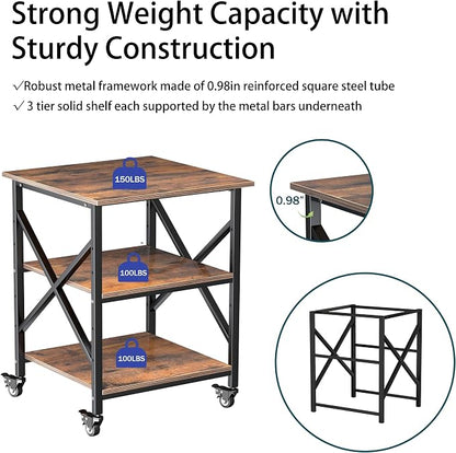 Printer Stand, 23.6 x 23.6 Inches Large Printer Stand with Adjustable Storage Shelf, 3 Tier Printer Table for Home Office, Rolling Printer Cart with Industrial Wheels, Mini Fridge Stand Table, Vintage