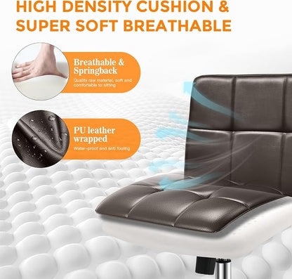 360° Office Desk Chair,PU Adjustable Rolling Task Chair with Backrest for Barber,Office,Home, Computer,360° Swivel,Armless，desk chair without arms，office chair 400+ lb weight capacity(Widened Brown)