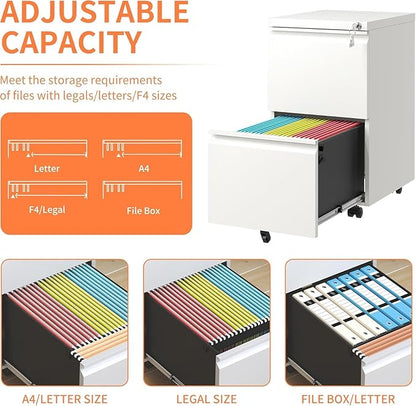 Guizeeopo 2 Drawer Locking File Cabinet, Fully Assembled Heavy-Duty Metal Filing Cabinets for Home Office, Quiet Slides, Anti-Tipping Wheels, Fits A4/Letter/Legal, Matte White