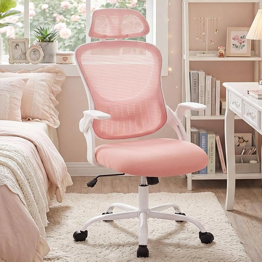 DUMOS Ergonomic Office Chair – High Back Mesh Computer Chair with Lumbar Support, Headrest, Flip-up Arms, and Swivel Wheels – Comfortable Gaming & Desk Chair for Home Bedroom Office,Pink