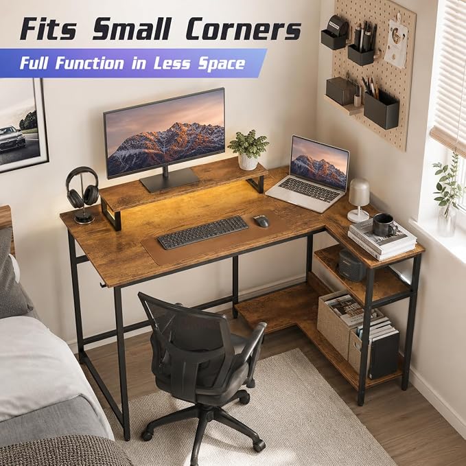 DEVAISE Compact 43" L Shaped Gaming Desk with LED Lights and Power Outlets - Corner Computer Table with Monitor Stand and Storage Shelves for Work and Gaming, Rustic Brown