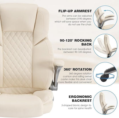 Office Chair with Flip up Arms, Ergonomic PU Leather Executive Office Chairs with Wheels, 90-120° Rocking Office Desk Chair with Lumbar Support, High Back Swivel Home Computer Chairs,Beige