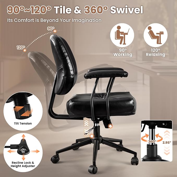 ovios Ergonomic Office Chair, Mid Back Faux Leather Executive Chairs with Thick Cushion, Comfy Mid-Century Modern Swivel Rolling Computer Armchair (Black, PU Leather)