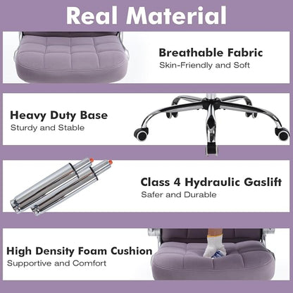 High Back Velvet Office Chair Purple, Comfy Home Executive Desk Chairs with Flip-Up Arms, Fabric Ergonomic Chairs with Lumbar Support, Stylish Computer Swivel Chair with Wheels for Women