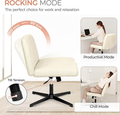Orange Factory Criss Cross Chair No Wheel Wide Cross Legged Office Desk Vanity Chair Comfy Fabric Armless Adjustable Swivel for Home Computer Task (Beige No Wheel, Classic Fabric)