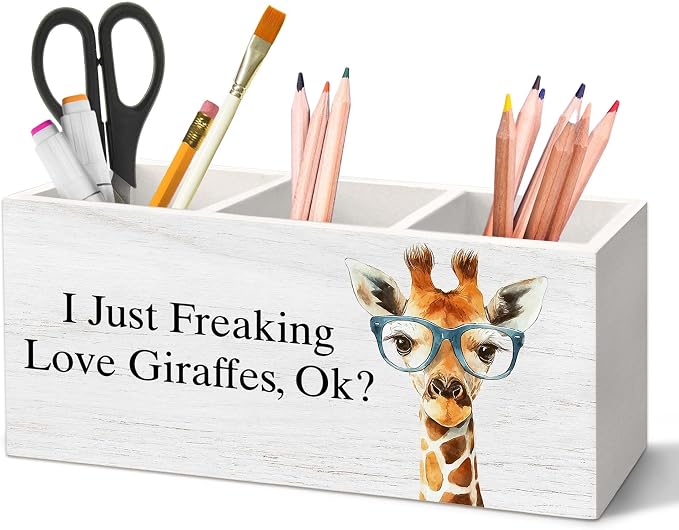 Giraffe Gifts Pen Holder for Desk, Funny Cute Wild Animal Pencil Organizer, Giraffe Gifts for Women, I Just Freaking Love Giraffes Wooden Pen Holder Desk Accessories Decor for Home Office