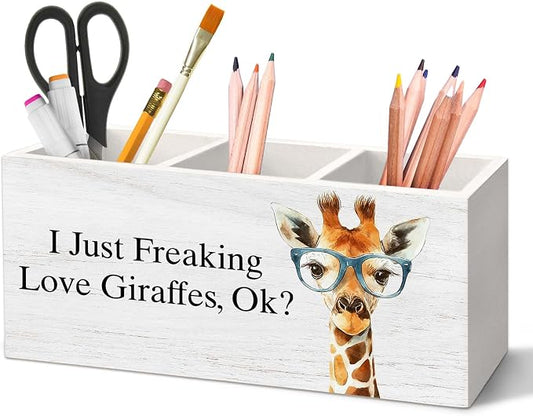 Giraffe Gifts Pen Holder for Desk, Funny Cute Wild Animal Pencil Organizer, Giraffe Gifts for Women, I Just Freaking Love Giraffes Wooden Pen Holder Desk Accessories Decor for Home Office