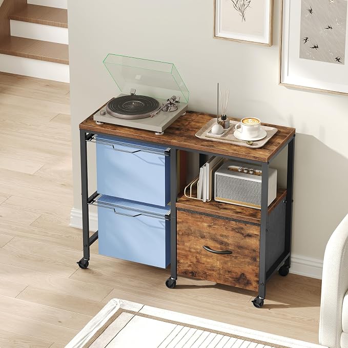 MAHANCRIS Rolling File Cabinet with Printer Stand, Mobile Lateral Filing Cabinet for Home Office, Office Storage Cart with Fabric Drawer & Hanging File Racks, Rustic Brown FCHR6001