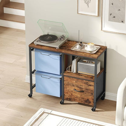 MAHANCRIS Rolling File Cabinet with Printer Stand, Mobile Lateral Filing Cabinet for Home Office, Office Storage Cart with Fabric Drawer & Hanging File Racks, Rustic Brown FCHR6001