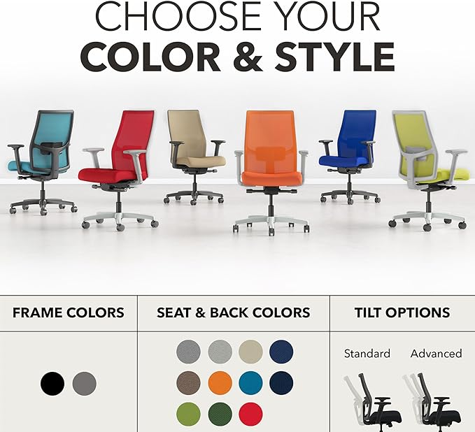HON Ignition 2.0 Mid Back Task Chair, Spectrum Mesh, Advanced Synchro-Tilt Control, Office Chair with Lumbar Support, Height and Width Adjustable Arms, Titanium Frame, Leaf