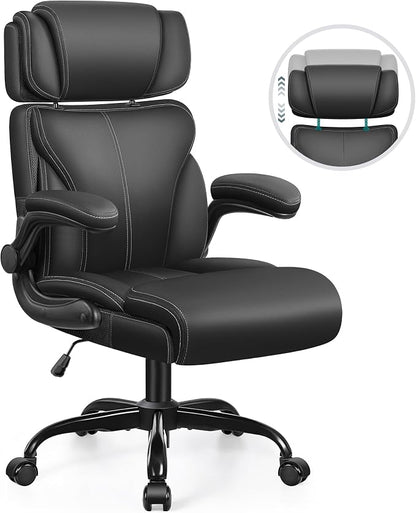 Office Chair, Ergonomic Big and Tall Computer Desk Chair with Retractable Adjustable Headrest, Executive Breathable Leather Chair, Lumbar Support Swivel Flip-up Armrests Rocking Function,Matte Black