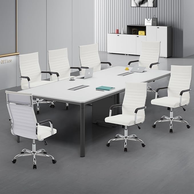 Office Chair, Ergonomic Executive Conference Room Chairs, Ribbed Leather Desk Chair with Lumbar Support, Adjustable Height Mid-Back Swivel Chair (Square Tube Armrests, White)