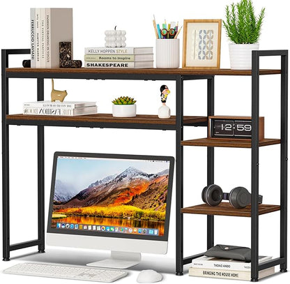 Snughome Adjustable Desk Shelf with Monitor Stand, 38.6" Desktop Organizer Hutch, Height Adjustable Computer Monitor Riser & 4 Tier Storage Bookshelf for Home Office Dorm