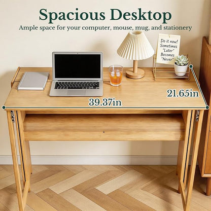 41'' Bamboo Folding Desk with Bookshelf, Space-Saving Computer Desk, Mid Century Modern Foldable Study Table for Home Office, Bedroom, Small Spaces - Primary Color