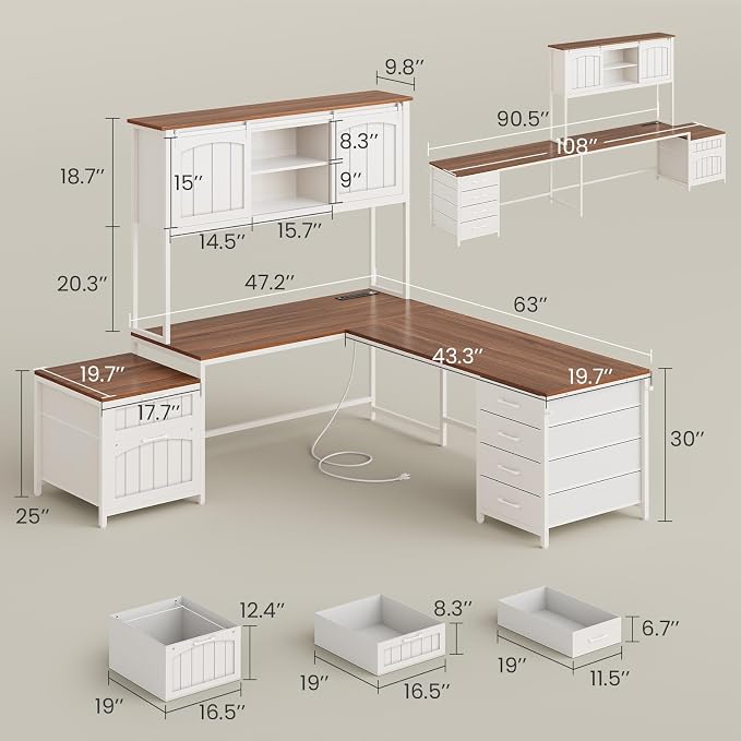 SEDETA Farmhouse L Shaped Office Desk with 6 Drawer, Reversible Computer Desk with Power Outlet, Hutch for Home Office/Two Person, Corner Desk with File Drawer & Printer Storage Shelves, White