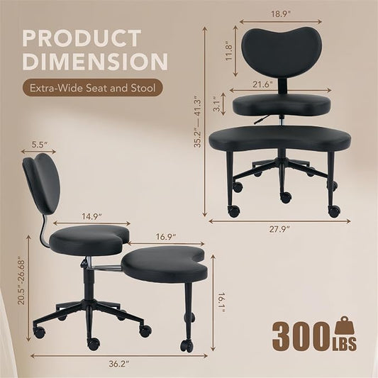 Cross Legged Office Chair, 360° Swivel Yoga Meditation Chair, Ergonomic Height Adjustable ADHD Criss Cross Office Chair with Wheels, Lumbar Support for Home Office, Black
