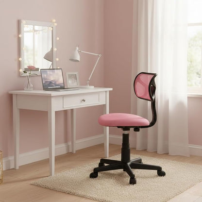 Small Mesh Desk Chair, Armless Low-Back Student Study Task Chair Ergonomic Sylish Swivel Adjustable Rolling Seating for Small Spaces Home Office Bedroom Study, Pink