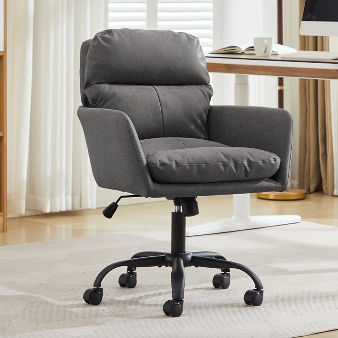 YITAI Adjustable Home Office Desk Chair with Comfy Square Mid-Back, Faux Leather 360 Swivel Upholstered Task Armchair with Wheels for Vanity Bedroom/Living Room,Study Gray