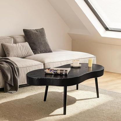 Black Coffee Table Wooden Cloud Shaped Coffee Tables with Thick Top Mid-Century Modern Irregular Center Living Room Tables Cute Floor Table for Living Room Bedroom Apartment