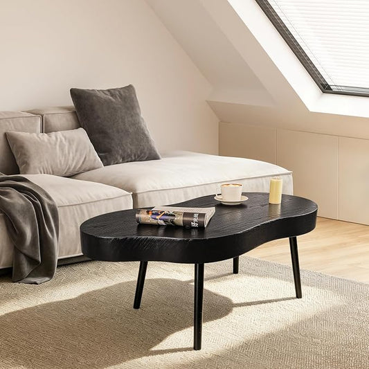 Black Coffee Table Wooden Cloud Shaped Coffee Tables with Thick Top Mid-Century Modern Irregular Center Living Room Tables Cute Floor Table for Living Room Bedroom Apartment