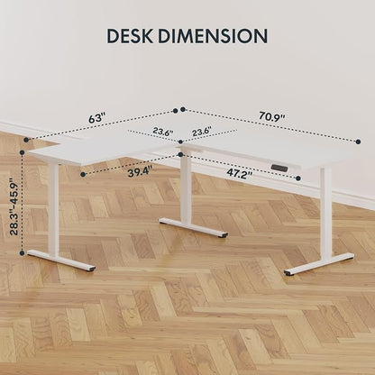 SANODESK L Shaped Standing Desk Adjustable Height, Electric Corner Standing Desk, 71 x 63 inch Sit Stand Computer Table with Splice Board, White