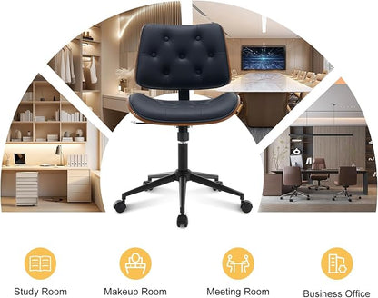 BV Armless Desk Chair with Wheels, 360 Swivel Home Office Chair No Arms, Height Adjustable Task Chair for Small Space, PU Leather Office Chair, Rolling Chair for Reading Room, Conference Room, Black