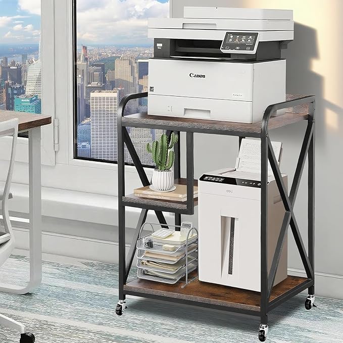 Extra Large Printer Stand, X-shaped Printer Stand with Storage, 2 Feet Width x 1.4 Feet Depth x 2.7 Feet Height, Mobile Printer Table with Wheels for Home Office, Printer and Shredder, Bearing 300 LBS