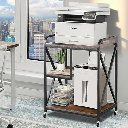 Extra Large Printer Stand, X-shaped Printer Stand with Storage, 2 Feet Width x 1.4 Feet Depth x 2.7 Feet Height, Mobile Printer Table with Wheels for Home Office, Printer and Shredder, Bearing 300 LBS