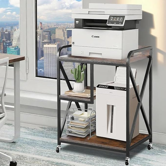 Extra Large Printer Stand, X-shaped Printer Stand with Storage, 2 Feet Width x 1.4 Feet Depth x 2.7 Feet Height, Mobile Printer Table with Wheels for Home Office, Printer and Shredder, Bearing 300 LBS