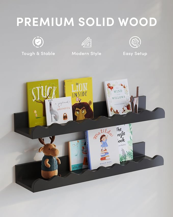 Seocry Kids' Bookshelf Set of 4 - Black Floating Nursery Book Shelves, Picture Ledge Shelf for Wall Decor and Storage - Perfect for Books, Toys, Photo Frames, and Nursery Décor