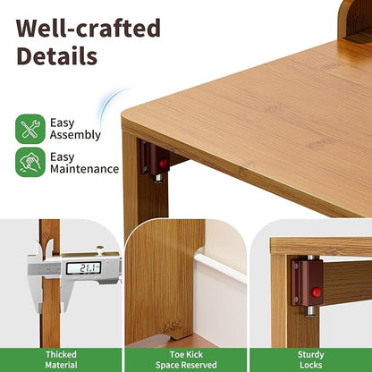 Bamboo Folding Desk for Small Spaces with Storage, Mid Century Foldable Desk with Bookshelf, Small Desks with Storage for Home Office Bedroom, Brown