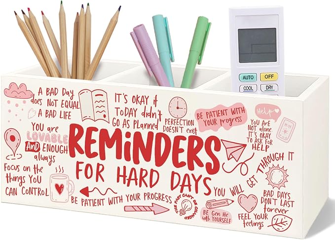 Bookmark Holder Decor Wooden Pen Pencil Holder for Desk, Reminders for Hard Days Wood Makeup Holder Organizer for Room Library