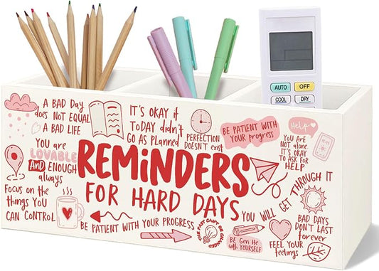 Bookmark Holder Decor Wooden Pen Pencil Holder for Desk, Reminders for Hard Days Wood Makeup Holder Organizer for Room Library