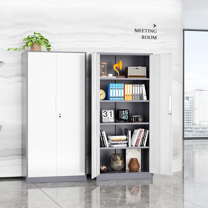 INTERGREAT Storage Cabinet with Doors and Shelves, Metal Garage Storage Cabinets with Lock, Black Lockable Steel Supply Cabinet for Home Office, Warehouse (Grey White)